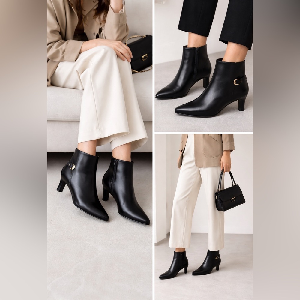 Tucker Black Pointed Leather Ankle Boots with Buckle